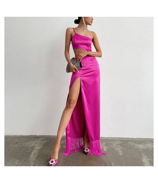 Solid Color One Shoulder Hollow Waist Tassel Maxi Dress: Pink / S