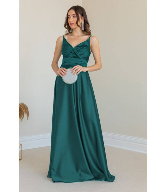 V Neck Sling High Waist Bridesmaid Maxi Dress: Green / XL