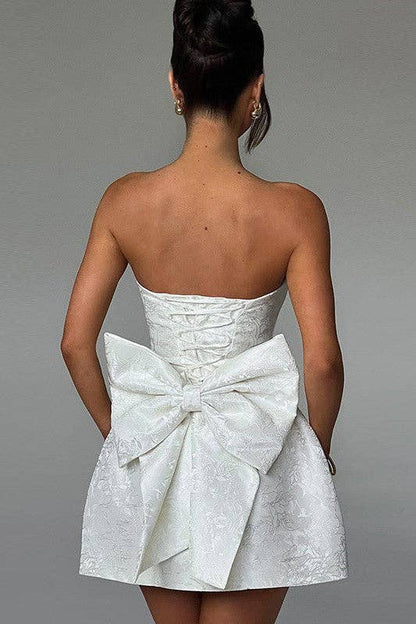 JACQUARD STRAPLESS BOW DRESS: White / M