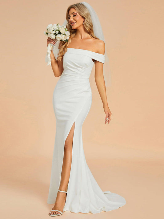 Side Split Wedding Dresses With Off Shoulder: White / 8