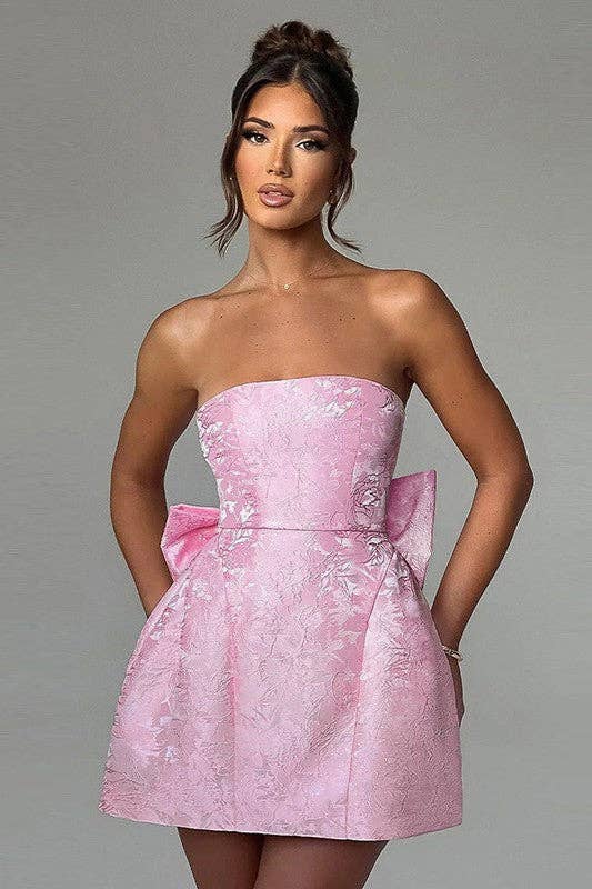 JACQUARD STRAPLESS BOW DRESS: Pink / S