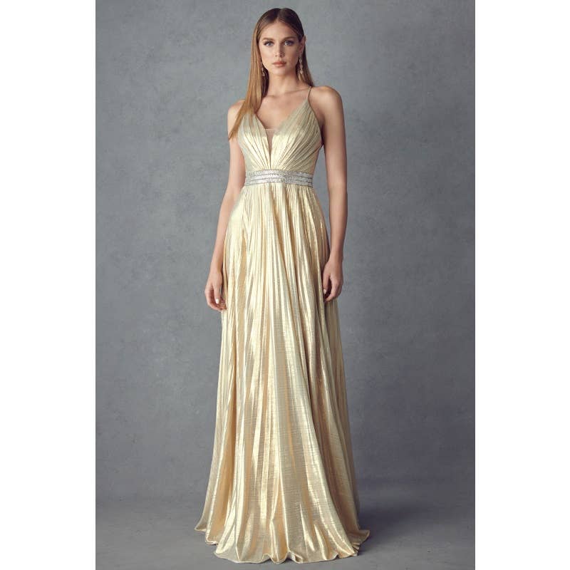 PLEATED V-NECK PROM EVENING DRESS: GOLD / S