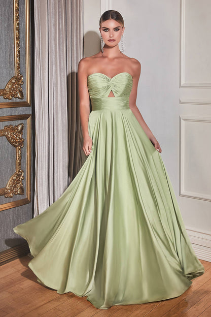 STRAPLESS A-LINE SATIN KEYHOLE DRESS: Sage / 8