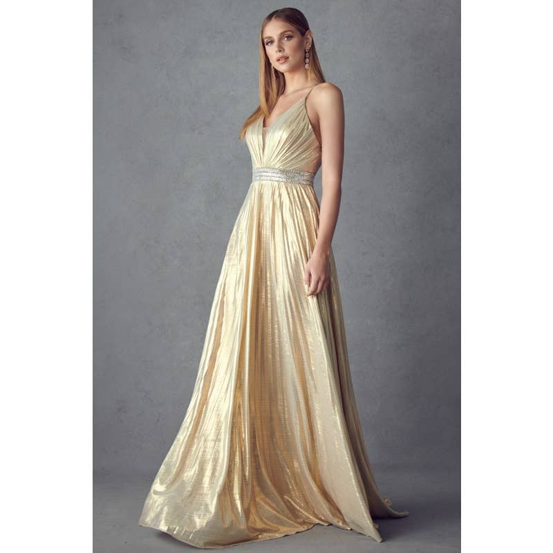 PLEATED V-NECK PROM EVENING DRESS: GOLD / S