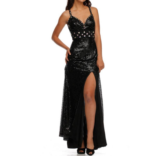 BEADED WAIST LINE FULLY SEQUIN EVENING DRESS: BLACK / L