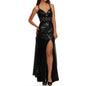 BEADED WAIST LINE FULLY SEQUIN EVENING DRESS: BLACK / L