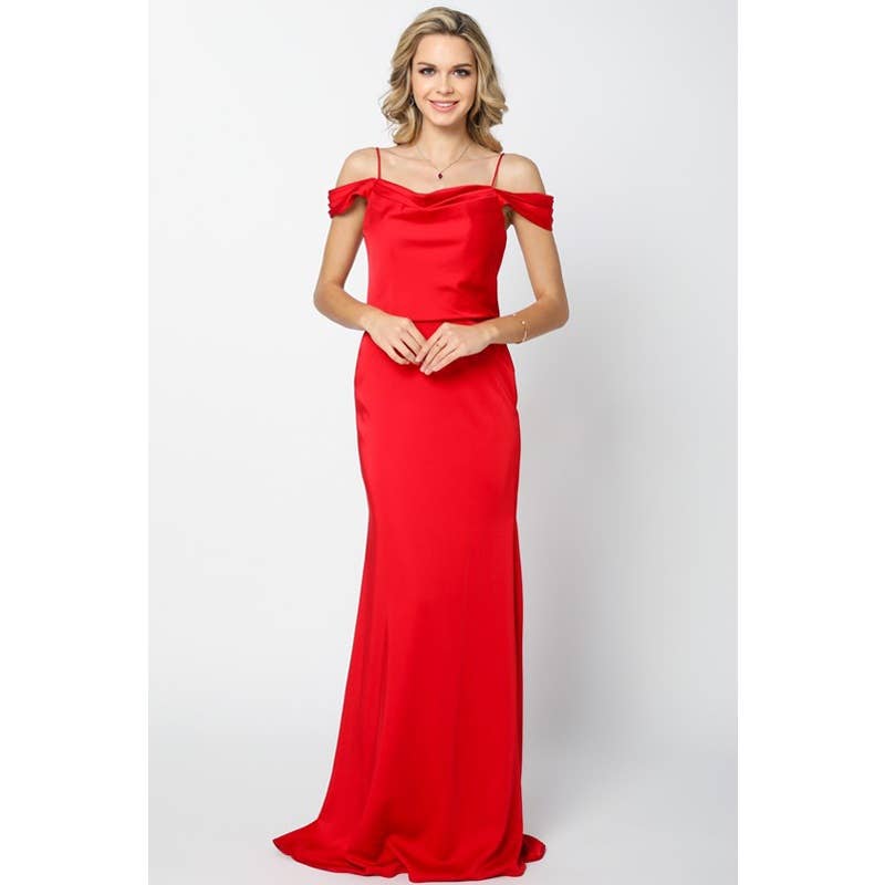 DRAPED OFF-THE-SHOULDER EVENING GOWN: RED / XS