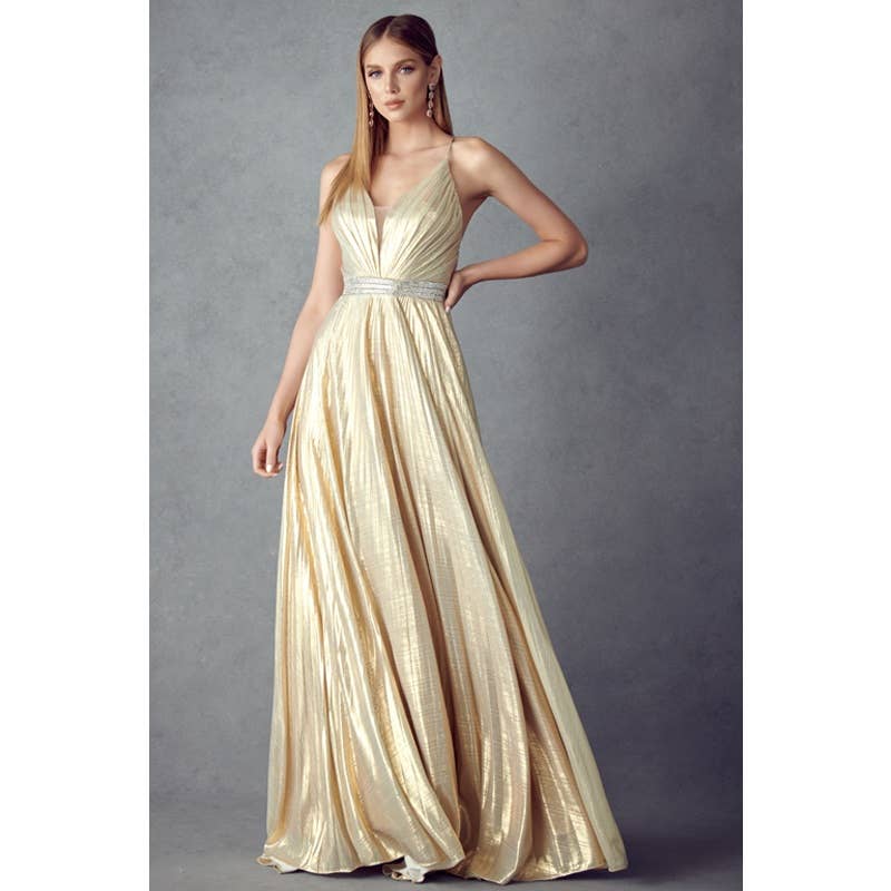 PLEATED V-NECK PROM EVENING DRESS: GOLD / S