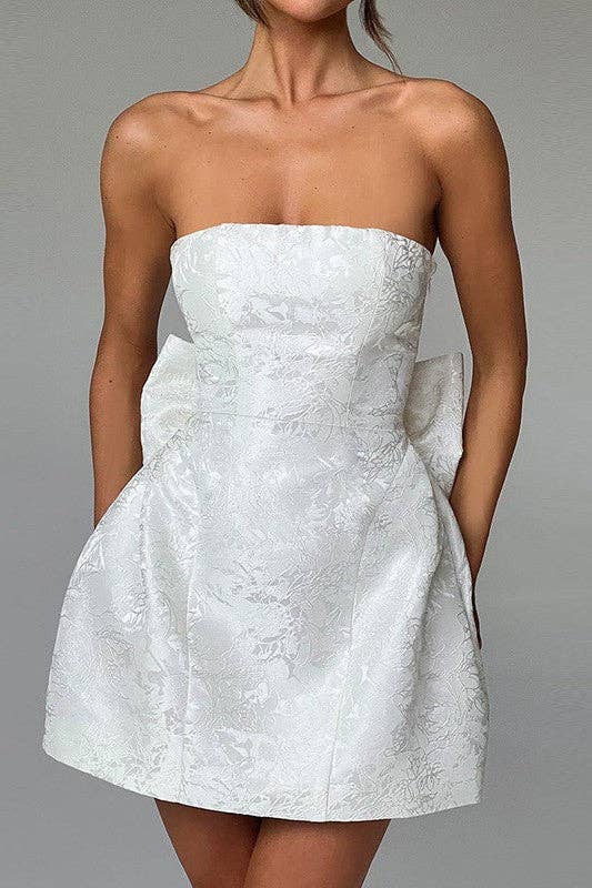 JACQUARD STRAPLESS BOW DRESS: White / M