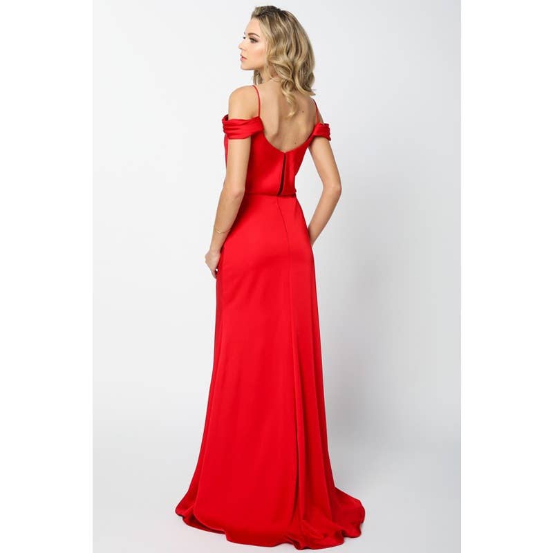 DRAPED OFF-THE-SHOULDER EVENING GOWN: RED / XS