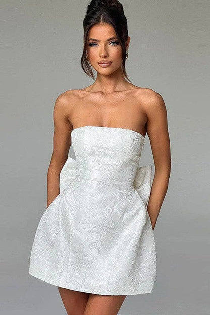 JACQUARD STRAPLESS BOW DRESS: White / M