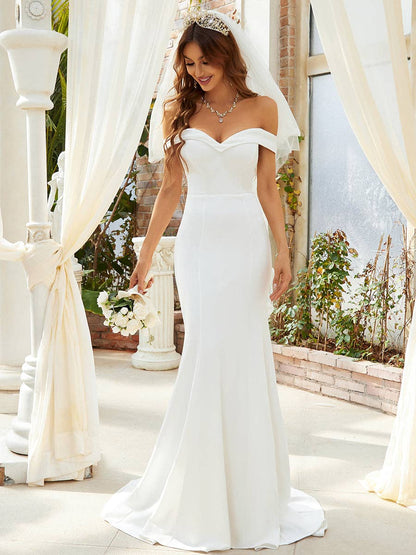 Plain Solid Color Off Shoulder Mermaid Wedding Dress: Cream / 8