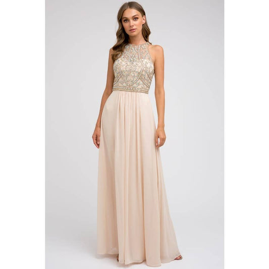 OPEN-BACK BEADED BODICE FORMAL DRESS: OFF WHITE / XS