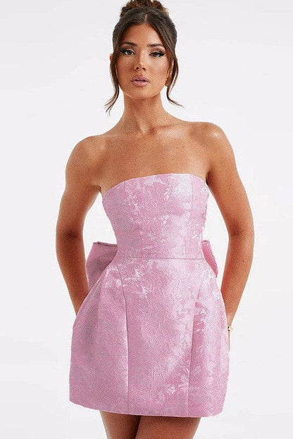 JACQUARD STRAPLESS BOW DRESS: Pink / S