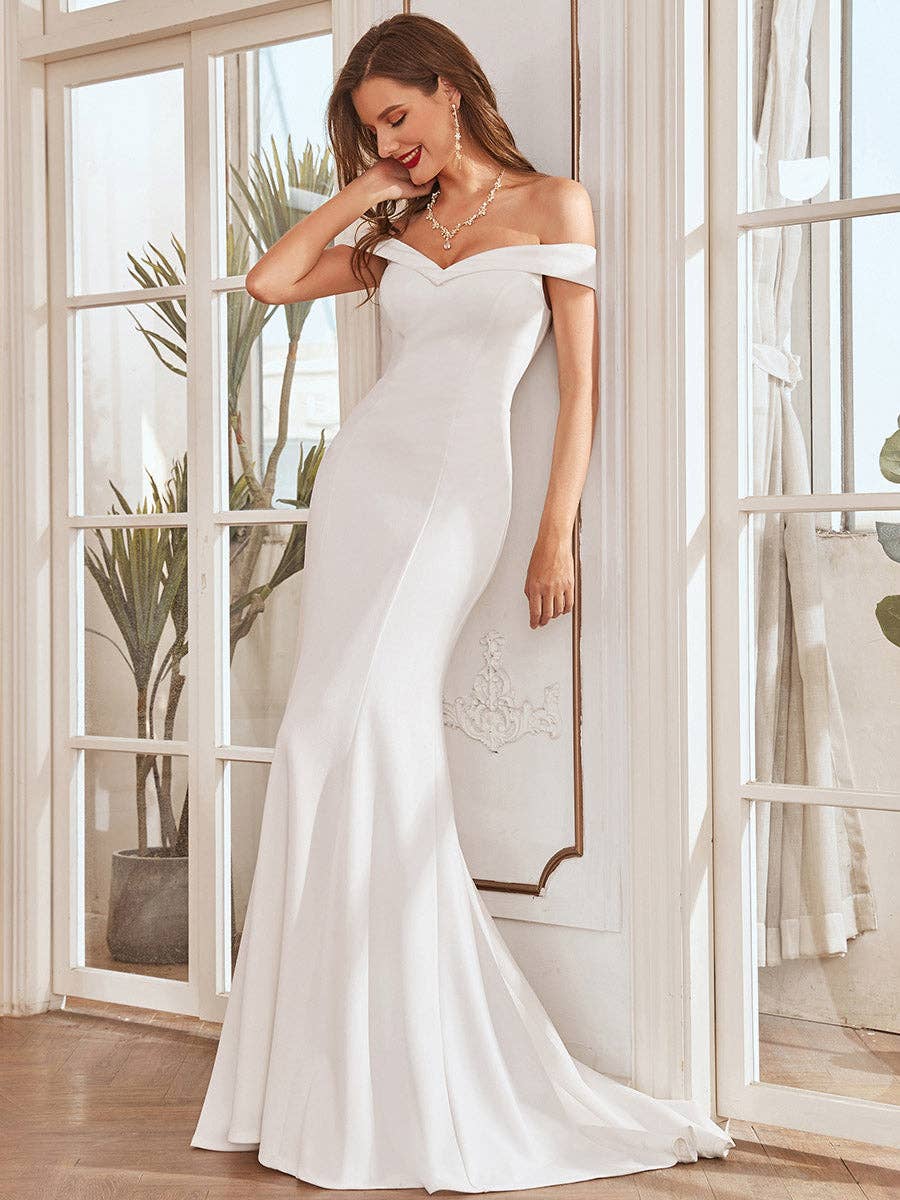 Plain Solid Color Off Shoulder Mermaid Wedding Dress: Cream / 8