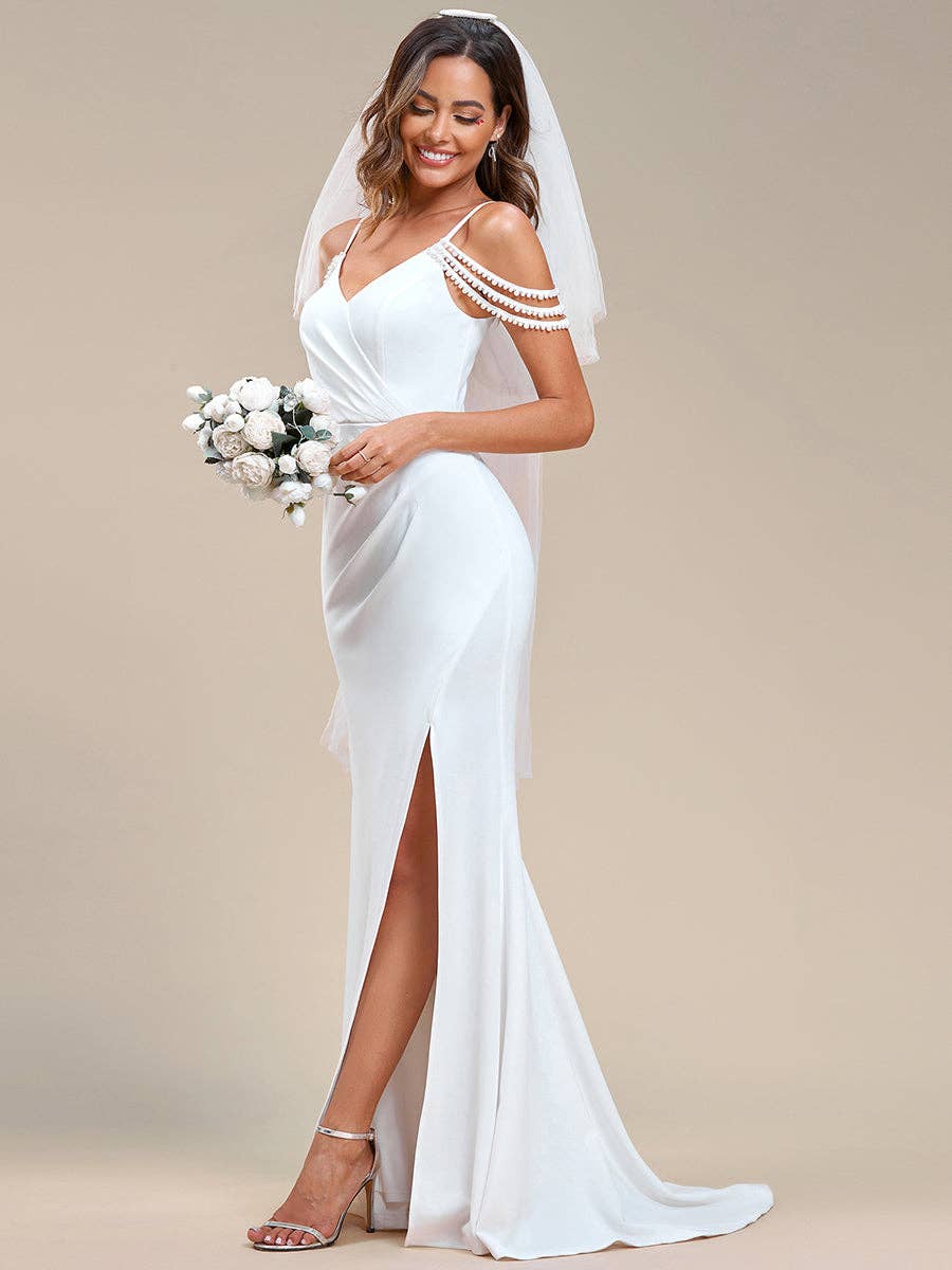 Fine Halter Side Split Fishtail Wedding Dress: White / 12