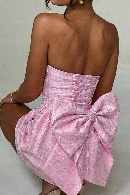 JACQUARD STRAPLESS BOW DRESS: Pink / S