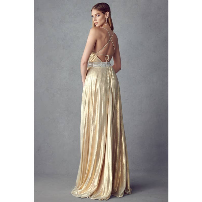 PLEATED V-NECK PROM EVENING DRESS: GOLD / S