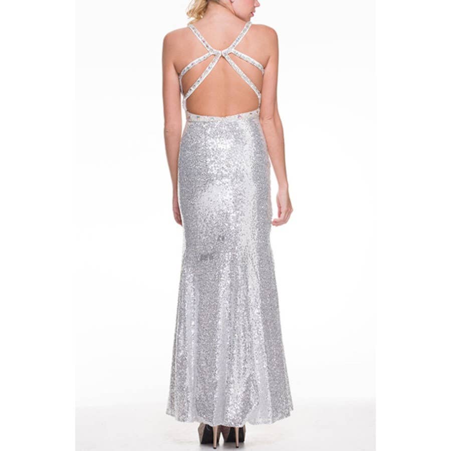 BEADED WAIST LINE FULLY SEQUIN EVENING DRESS: SILVER / L