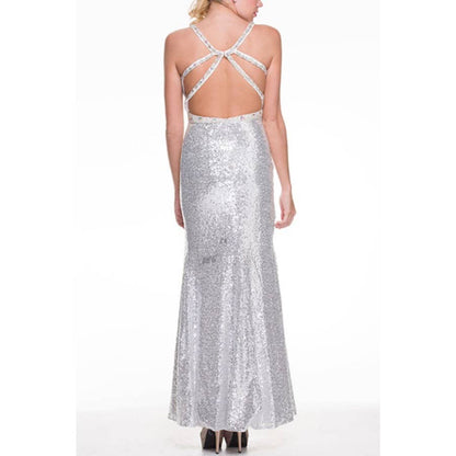 BEADED WAIST LINE FULLY SEQUIN EVENING DRESS: SILVER / L