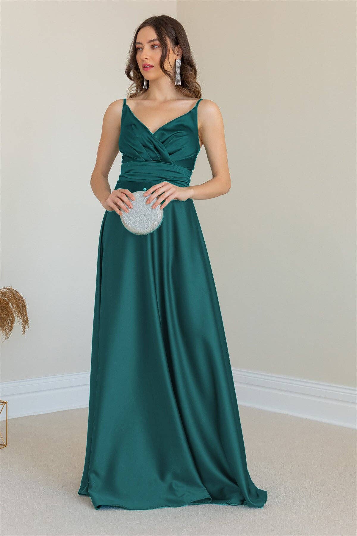 V Neck Sling High Waist Bridesmaid Maxi Dress: Green / XL