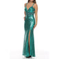 BEADED WAIST LINE FULLY SEQUIN EVENING DRESS: TEAL GREEN / XL