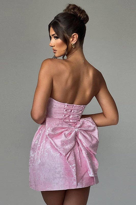 JACQUARD STRAPLESS BOW DRESS: Pink / S