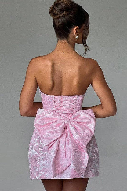 JACQUARD STRAPLESS BOW DRESS: Pink / S